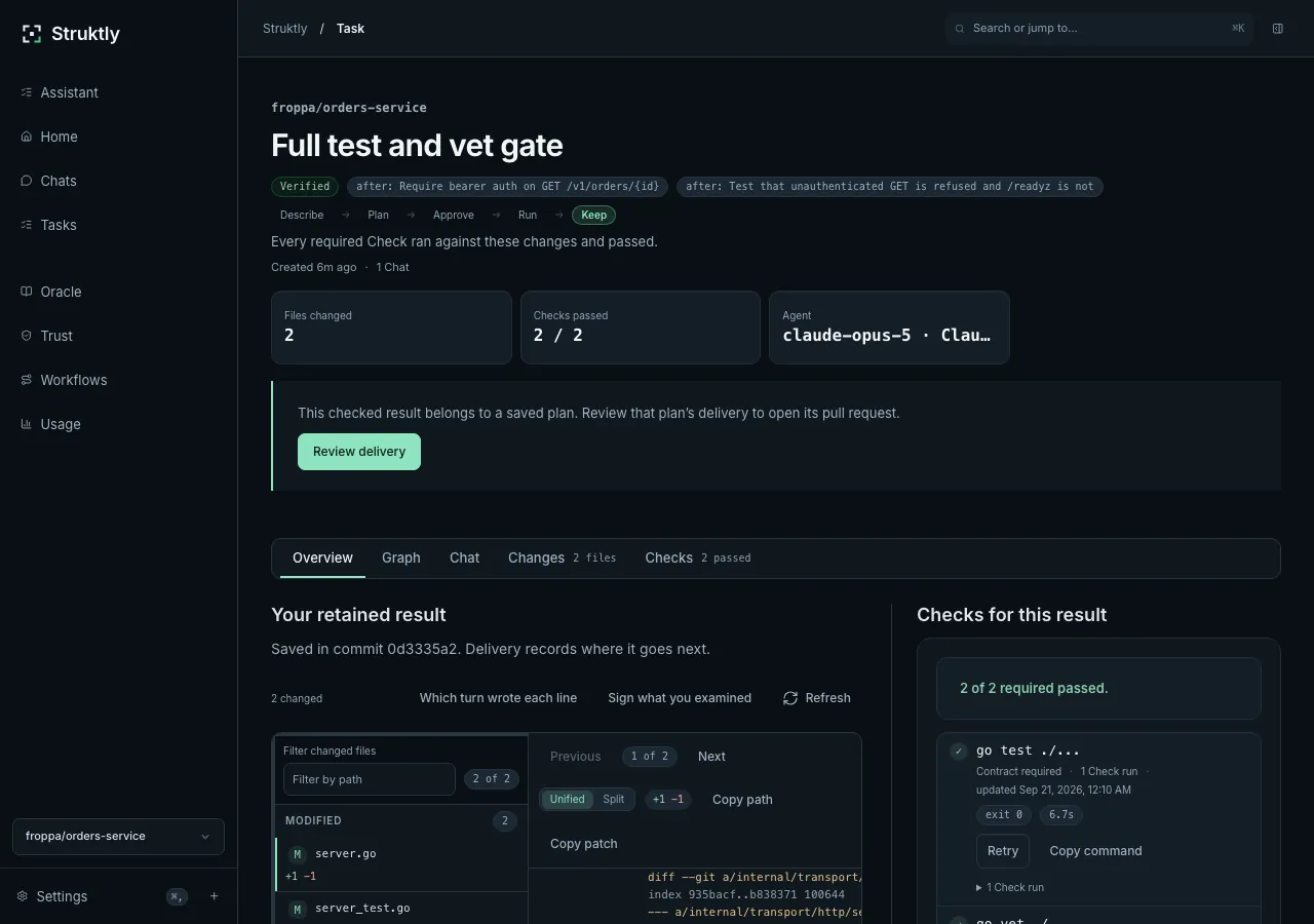 A Struktly task showing changed files, check results and the retained commit.